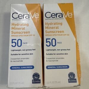 Cerave Hydrating Mineral Sunscreen SPF50 Face 2.5oz *LOT OF 2* Exp: 02/2028